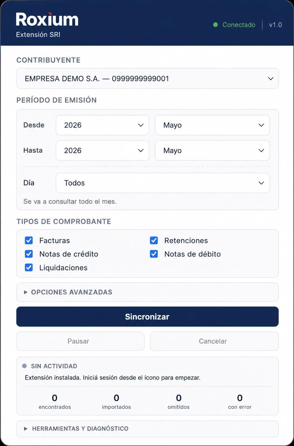 Vista de Elegí el período en la extensión
